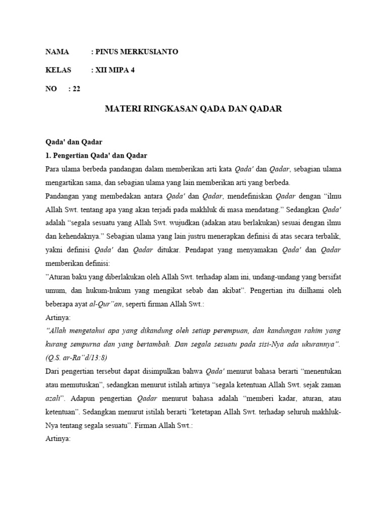 Rangkuman Materi Qada dan Qadar | PDF | Agama & Spiritualitas