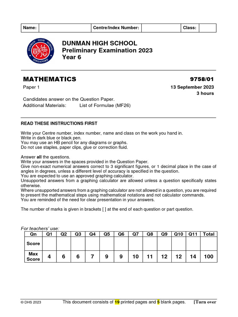 DHS 2023 H2 Math Prelim Exam Paper 1 | PDF | Equations | Cartesian ...