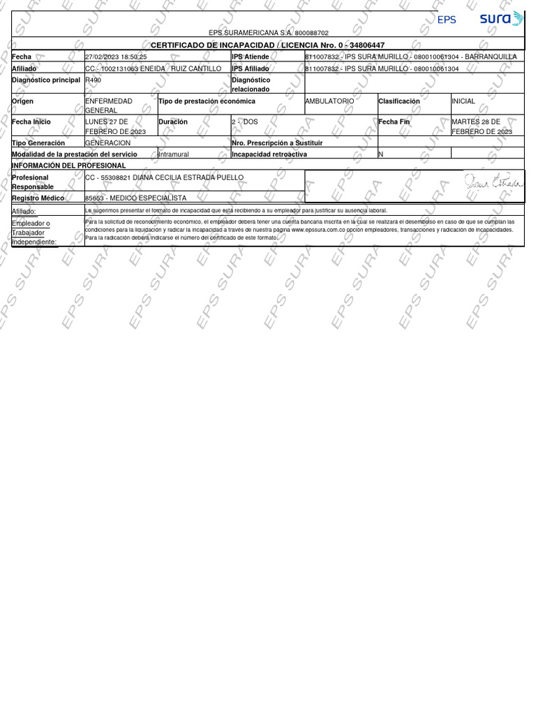 Certificado de Incapacidad EPS SURA | PDF