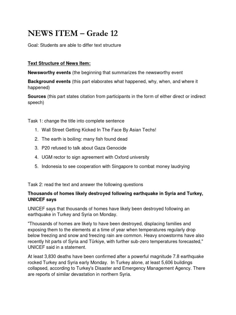 Understanding News Item Structure | PDF | Turkey | Earthquakes