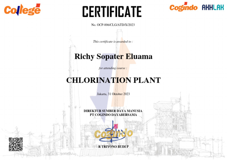CERTIFICATE Chlorination Plant Richy Sopater Eluama PDF