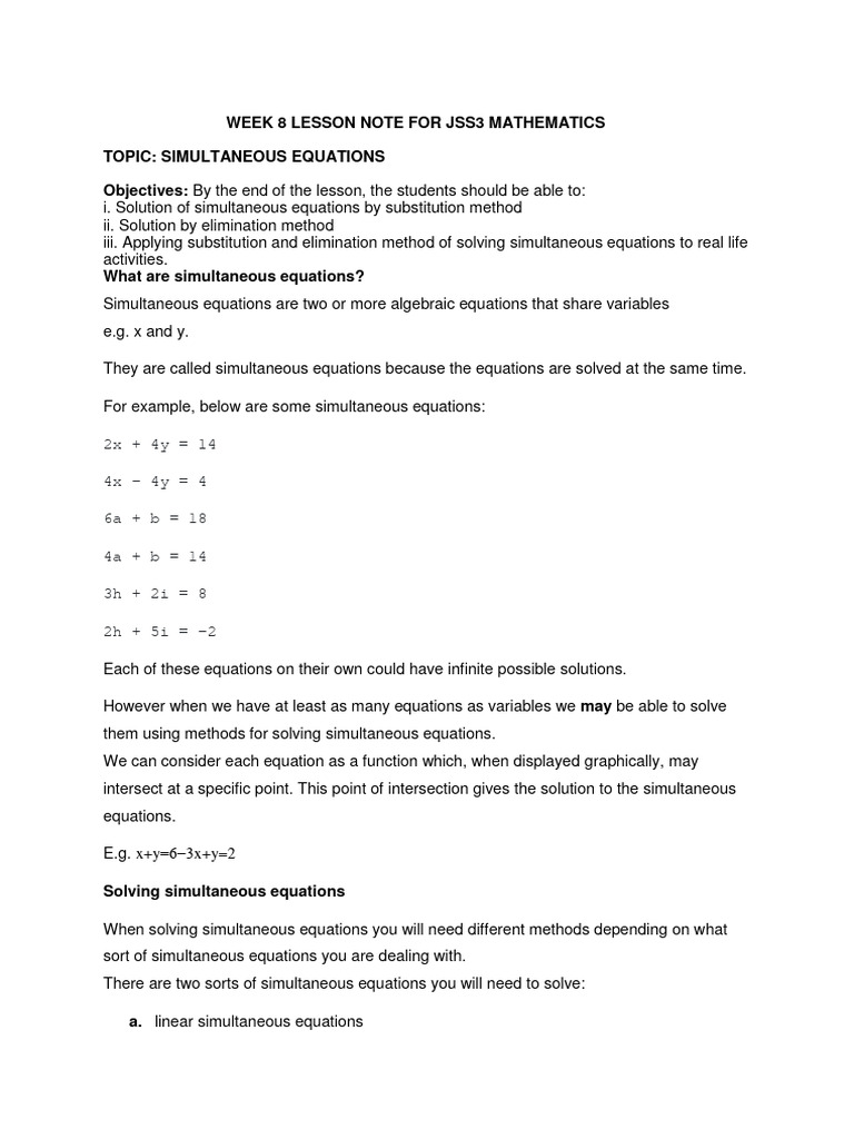 1705 Week 8 Lesson Note For JSS3 Mathematic1 PDF Equations System Of Linear Equations