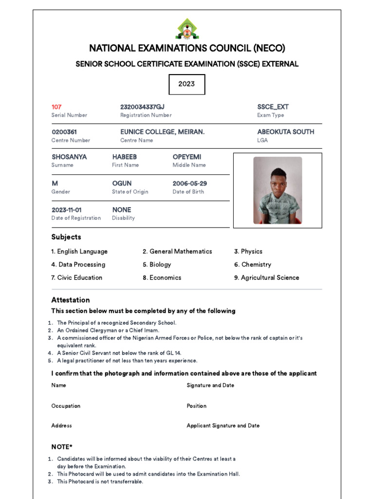 NECO SSCE External Exam Photocard 2023 | PDF