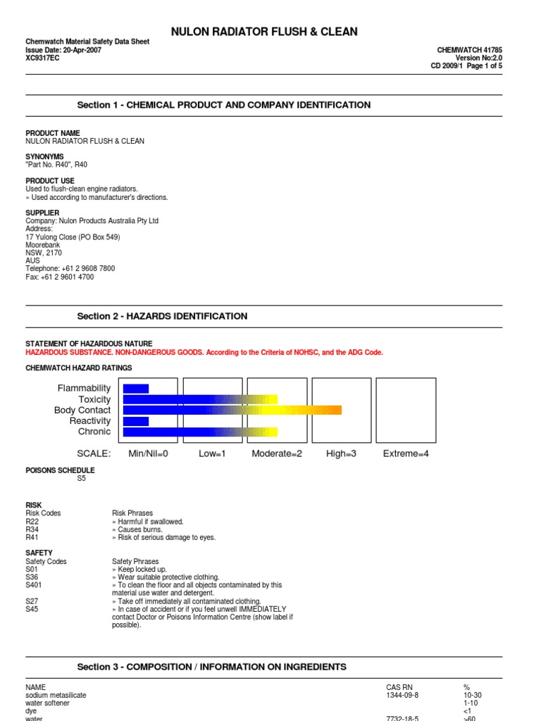 MSDSr40Radiator Flush and Clean PDF Toxicity Water