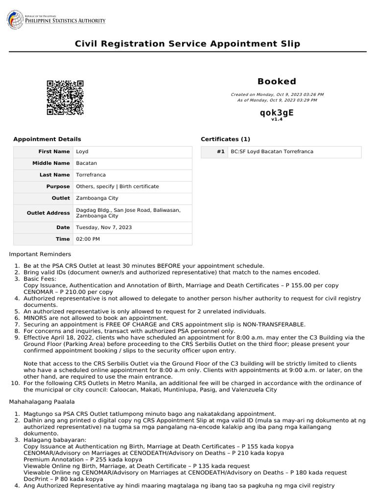 Civil Registration Service Appointment Slip PDF