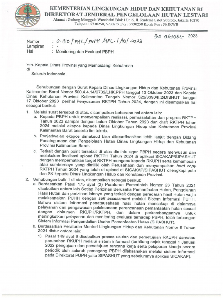 S.1110 - PHL - PUPH - HPL.I - 10 - 2023 Monitoring Dan Evaluasi PBPH | PDF
