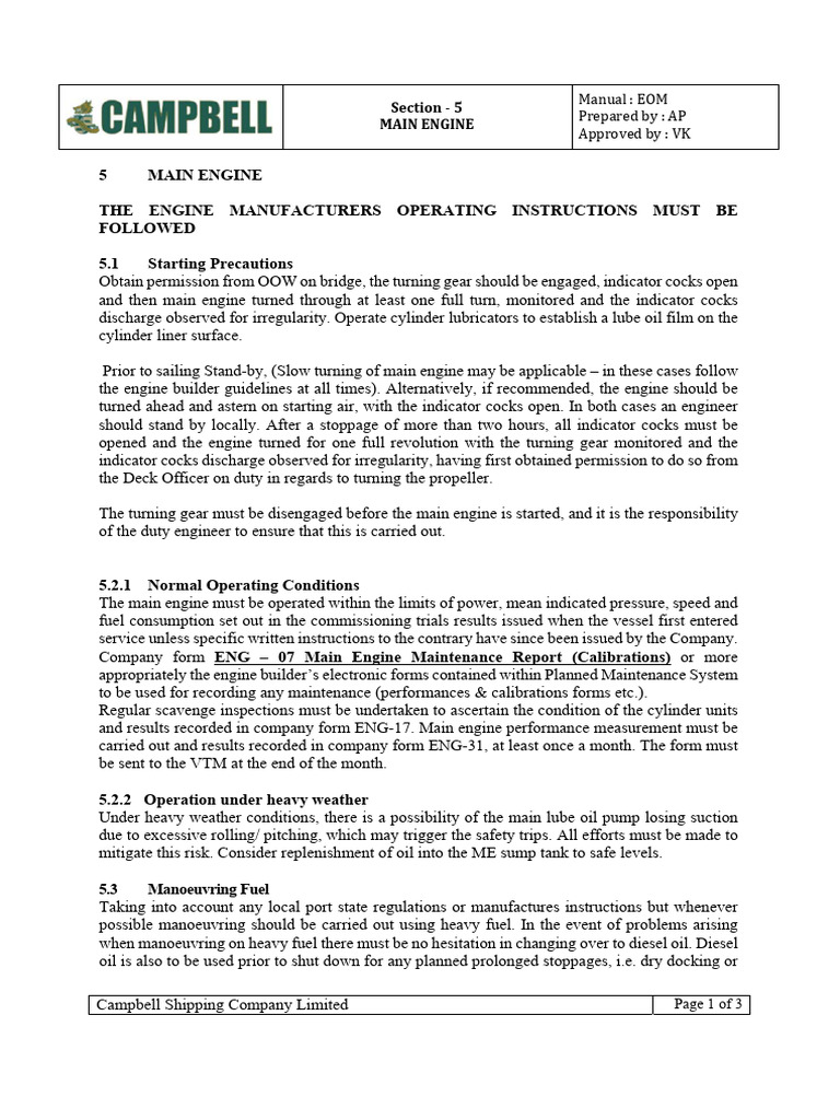 Main Engine Operation Guidelines | PDF | Internal Combustion Engine ...