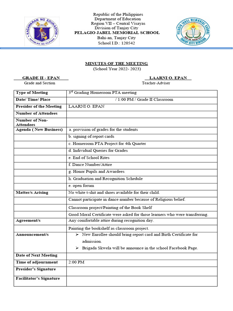 4th Q Hpta Meeting Minutes Pdf