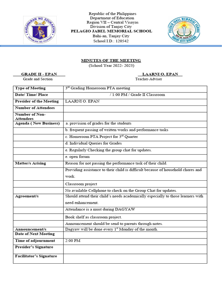 3rd Q Hpta Meeting Minutes Pdf Learning