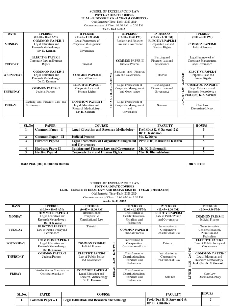 LL.M. Odd Semester Timetable 2023-24 | PDF | Legal Education | Academic ...