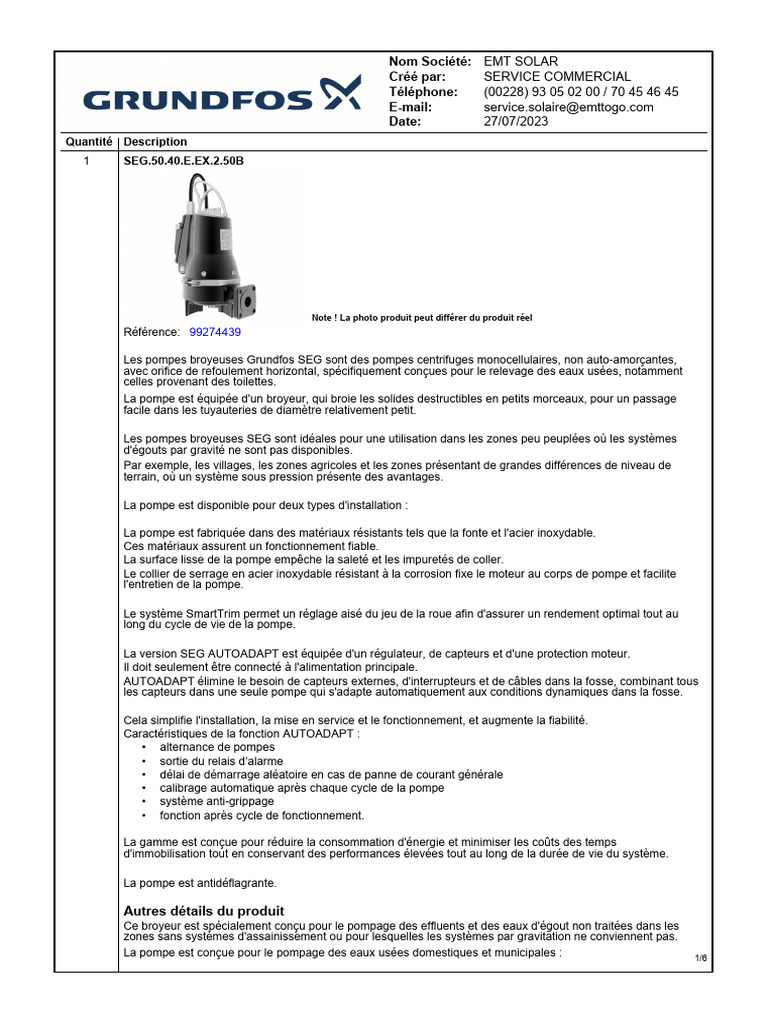 Pompe broyeuse Grundfos SEG AUTOADAPT | PDF | Pompe | Eaux usées