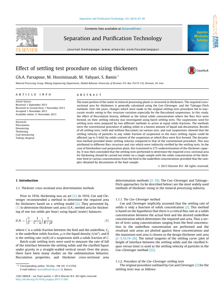 Effect of Settling Test Procedure On Sizing Thickeners PDF