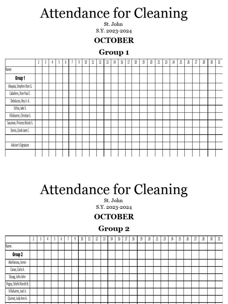 Cleaners Attendance Sheet - October 2023 | PDF