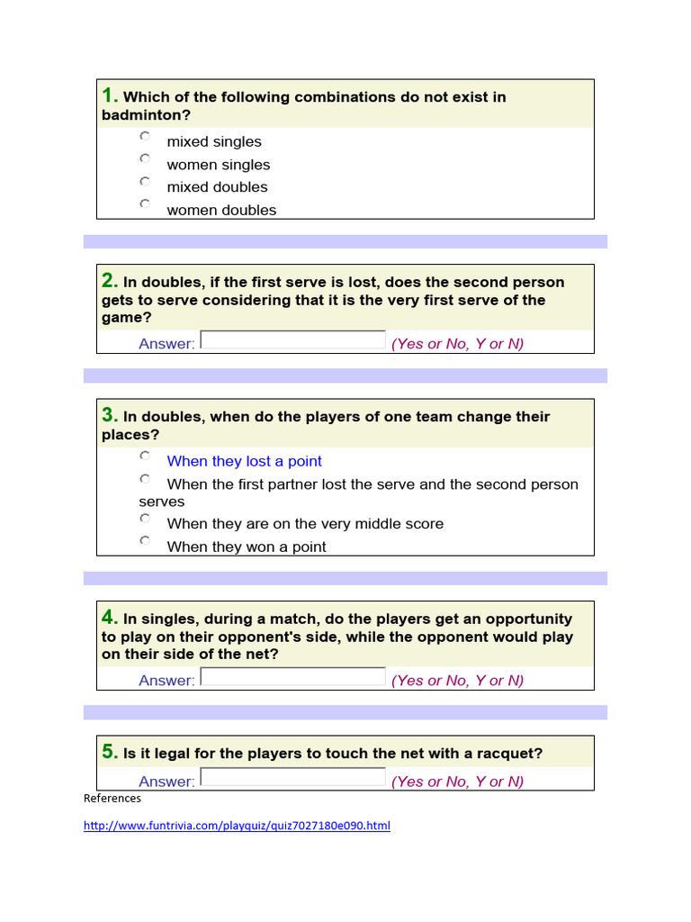 Badminton Quiz (Recovered) PDF Indoor Sports Sports