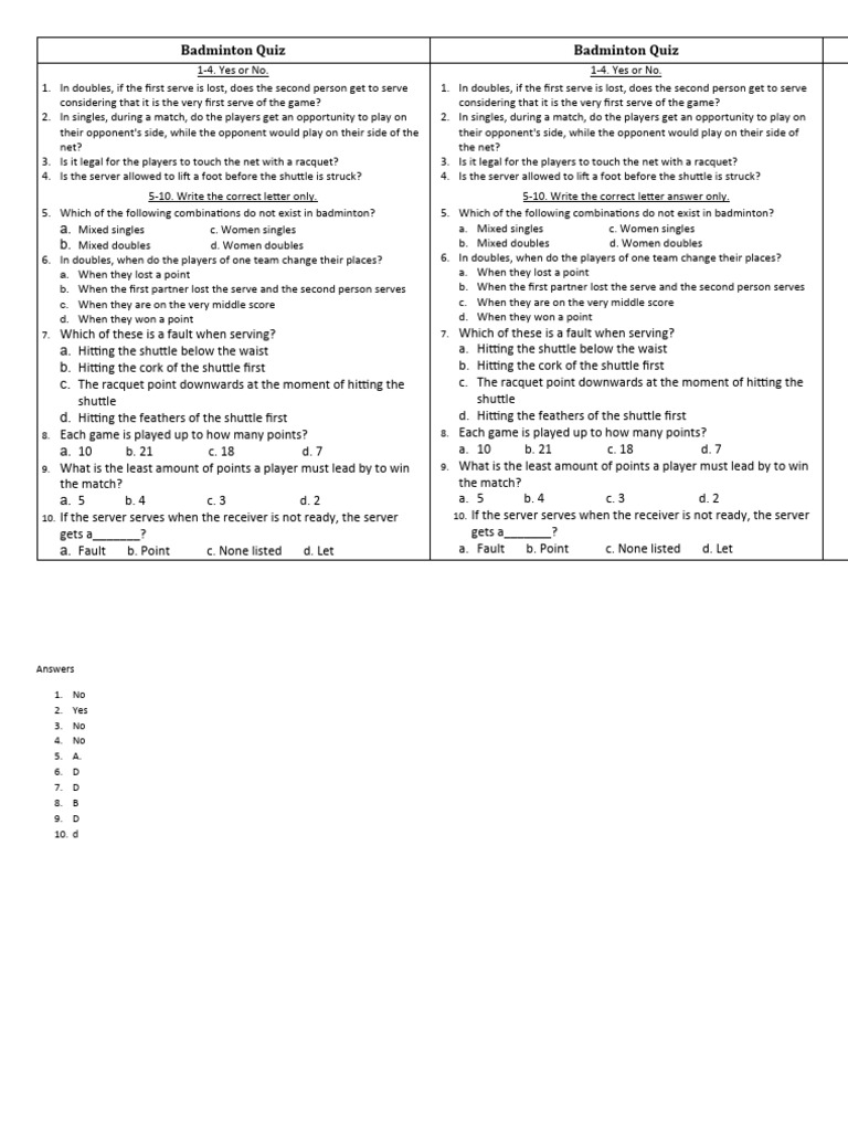 Badminton Quiz 1 PDF Olympic Sports Ball Games