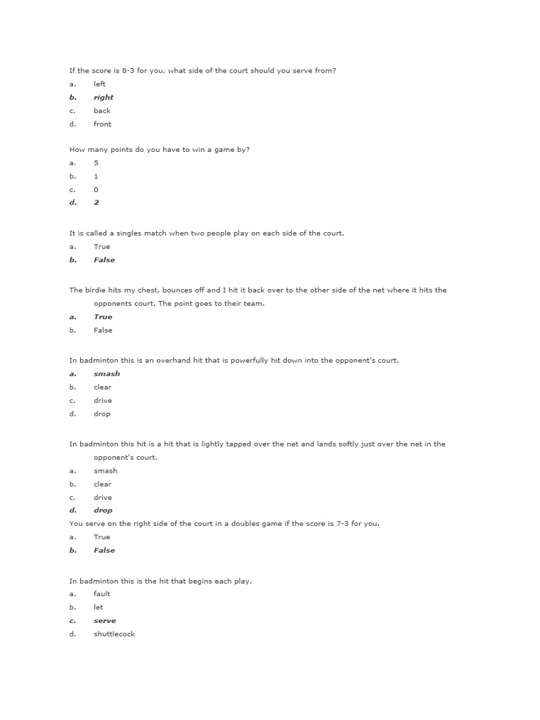 Badminton Quiz PDF Sports Indoor Sports