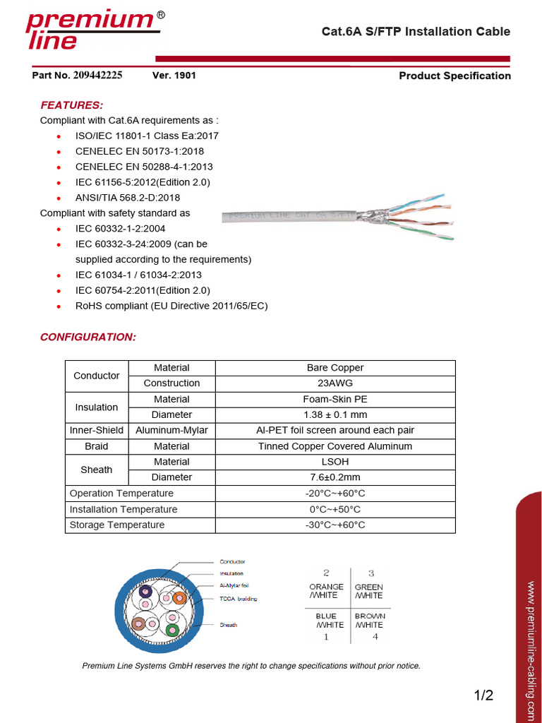 Cat 6A S FTP Installation Cable 600MHZ V1901 | PDF | Electromagnetism ...