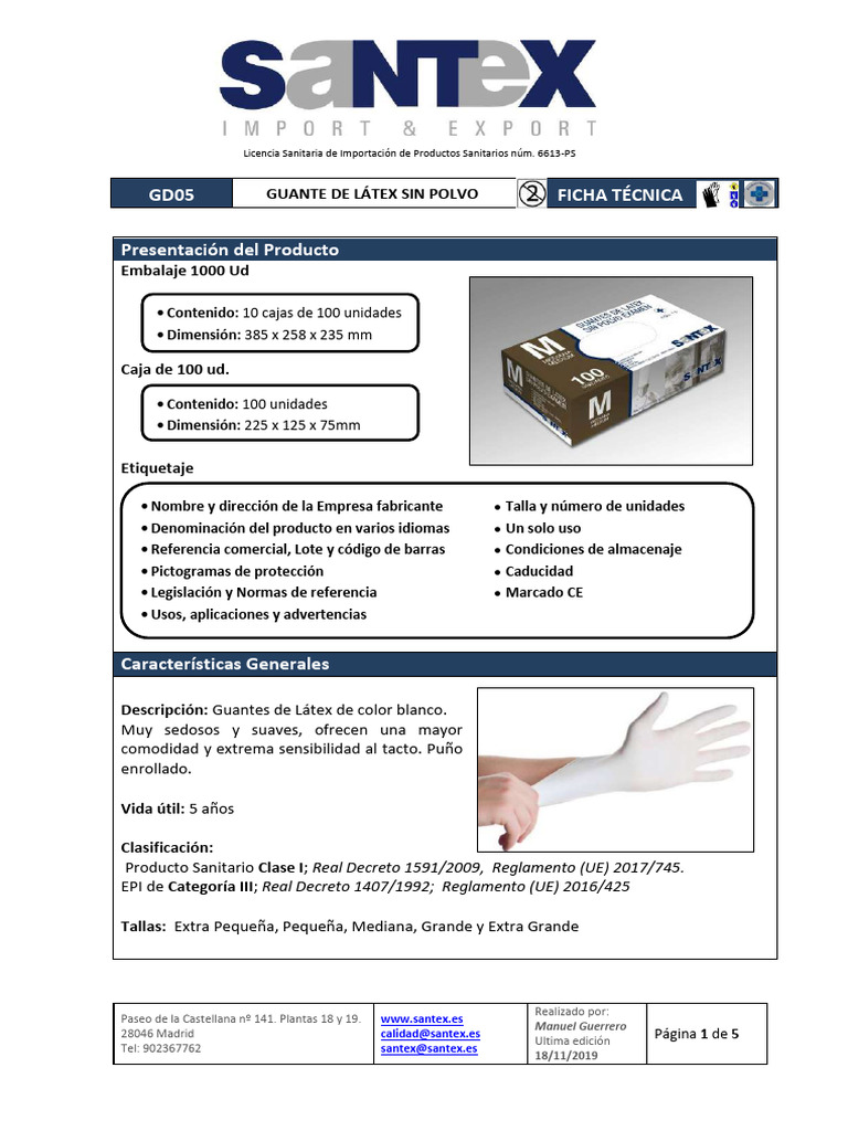 Guantes de látex blanco con polvo SANTEX (caja 100 unidades)