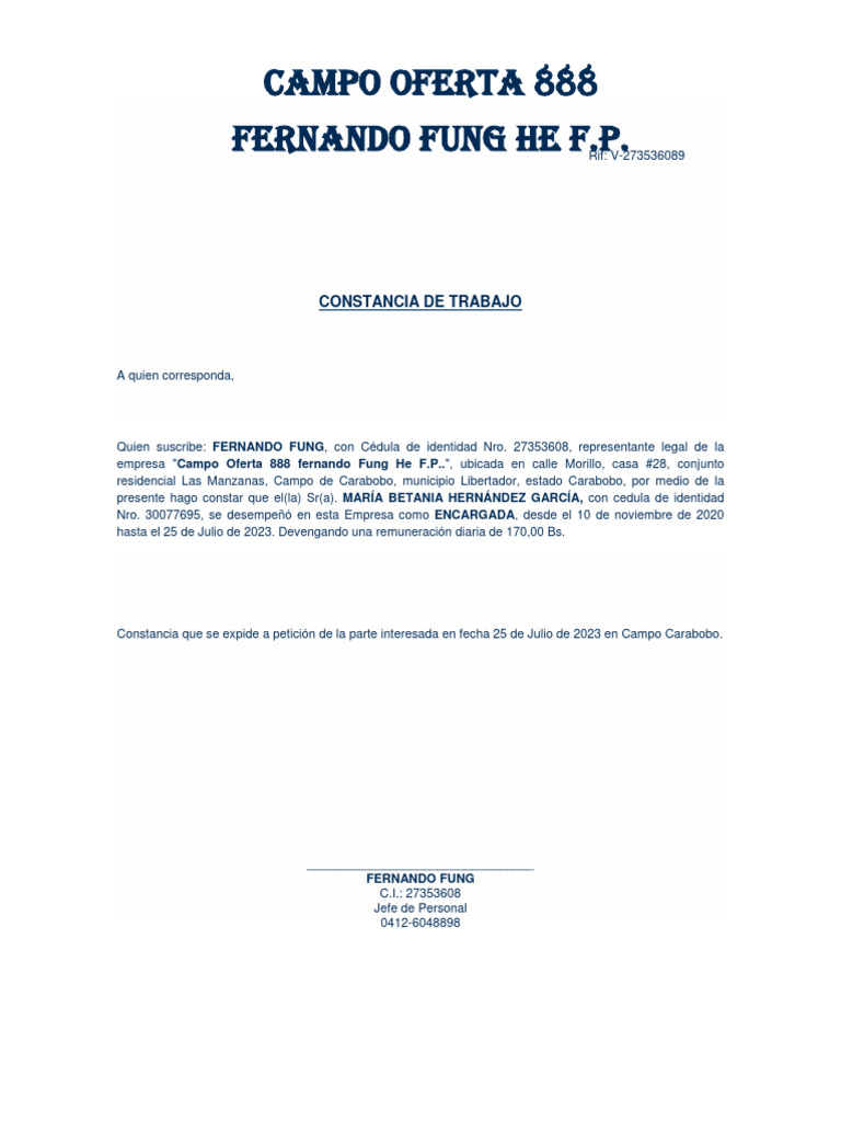 Carta de trabajo pdf