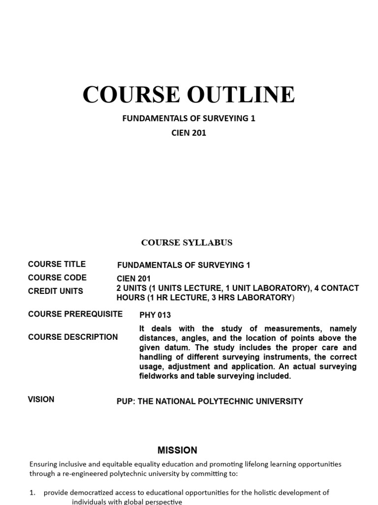 Course Outline in Surveying 1 | PDF | Engineering | Surveying