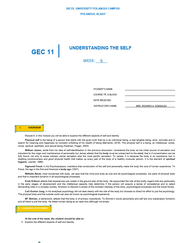 Understanding the Self: GEC 11 Module 6 | PDF | Self Awareness | Thought