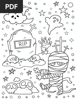 Black and White Linear Spooky Halloween Printable Children Coloring Page 