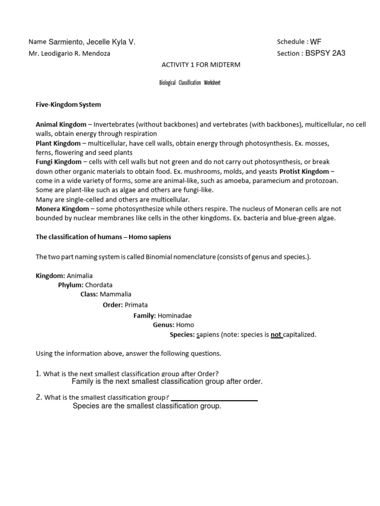 Classification Worksheet Act1 | PDF | Taxonomy (Biology) | Taxa
