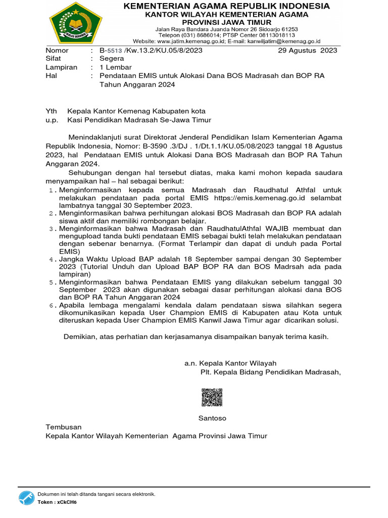 Edaran Cut Off BOS 2024 Jatim PDF