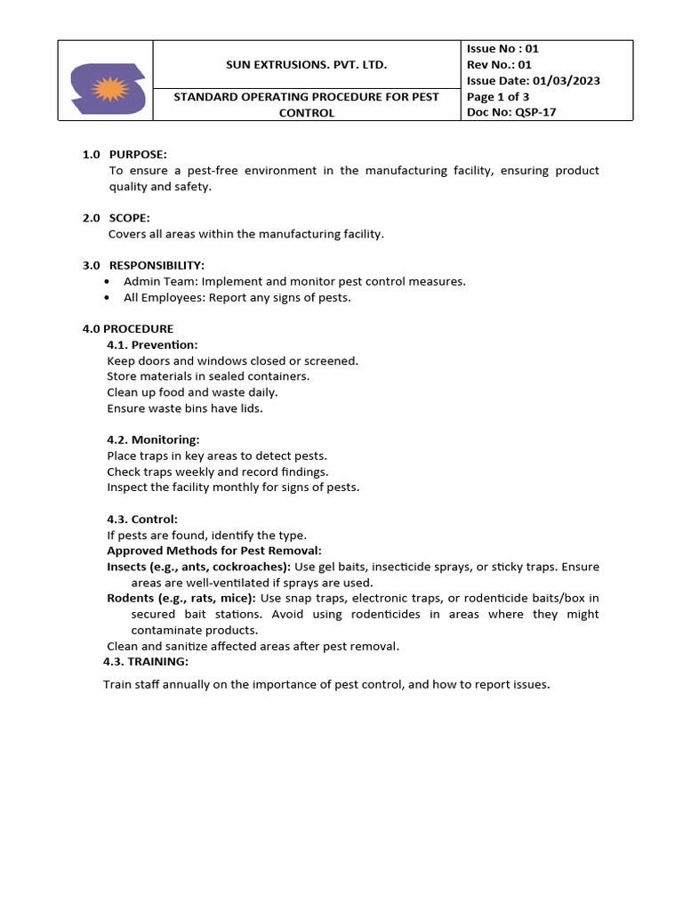 QSP17 SOP For Pest Control PDF Pest Control Pest