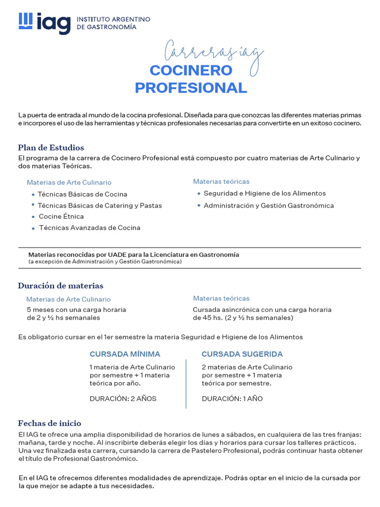 Carrera de Cocinero Profesional IAG | PDF | Artes culinarias | Comida y ...