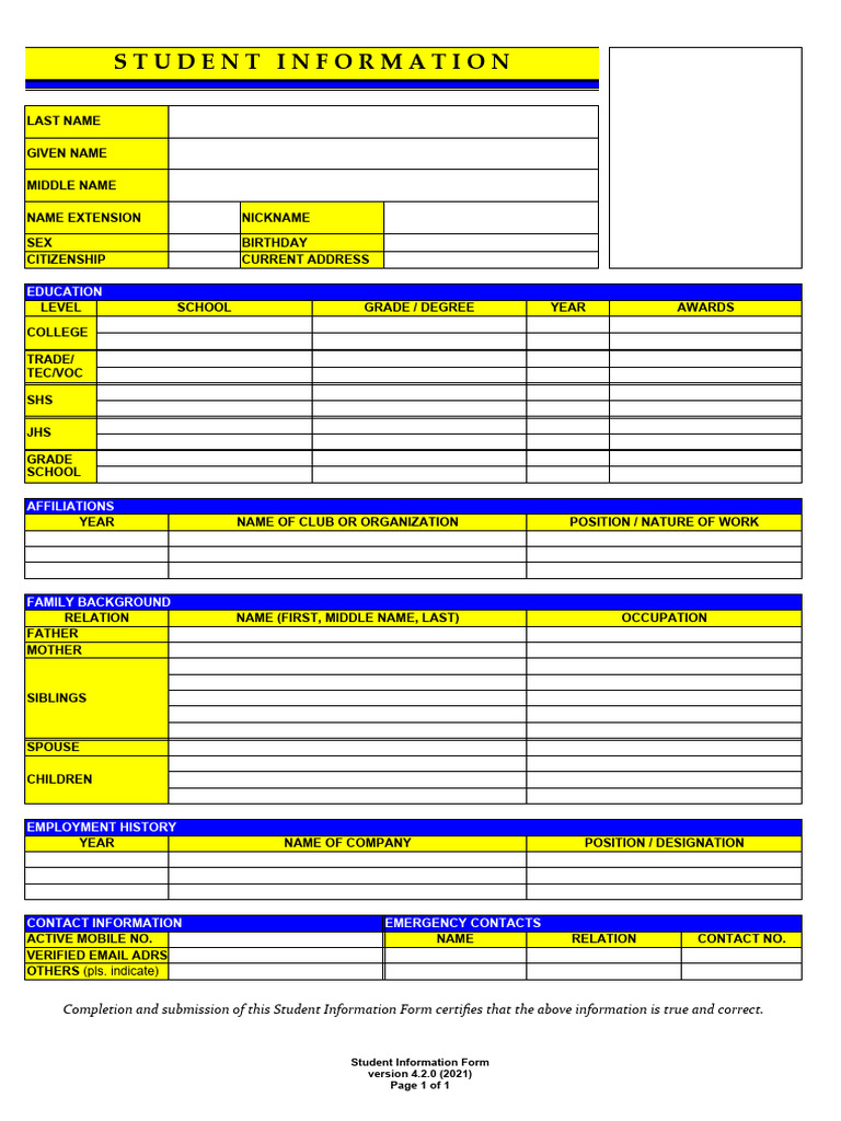 Student Information Form PDF
