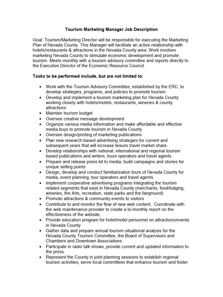 Tourism Manager Job Description PDF Tourism Marketing