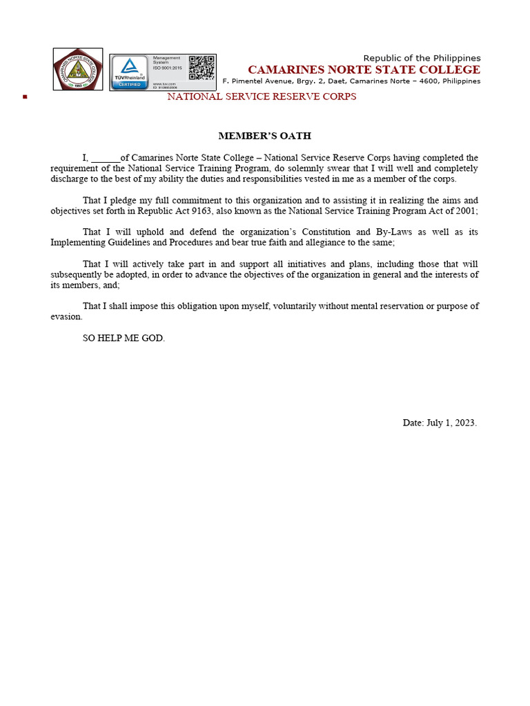 NSRC Member's Oath of Commitment | PDF