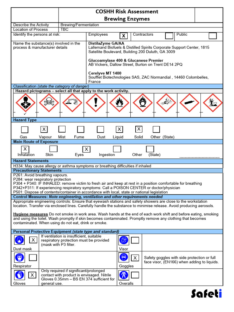 COSHH Brewing Enzymes 8qwcpa | PDF | Personal Protective Equipment | Water