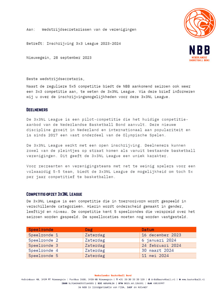 Brief 3x3 Competitie 2023-2024 | PDF