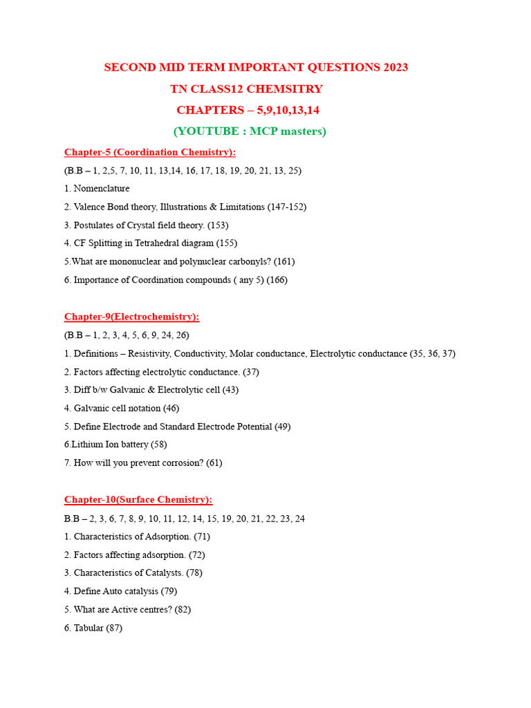 Second Mid Term Important Questions 2023 PDF Electrochemistry