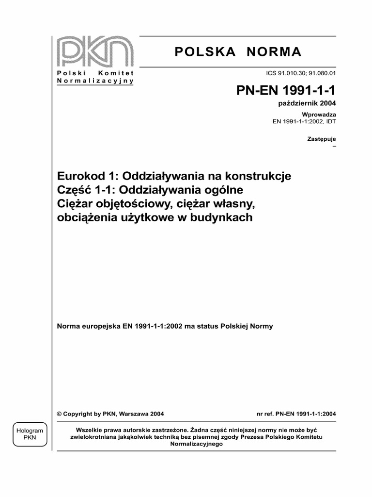 Eurokod 1 - cz.1-1 (ODDZIAŁYWANIA) ( PN-EN 1991-1-1 2004 ) | PDF