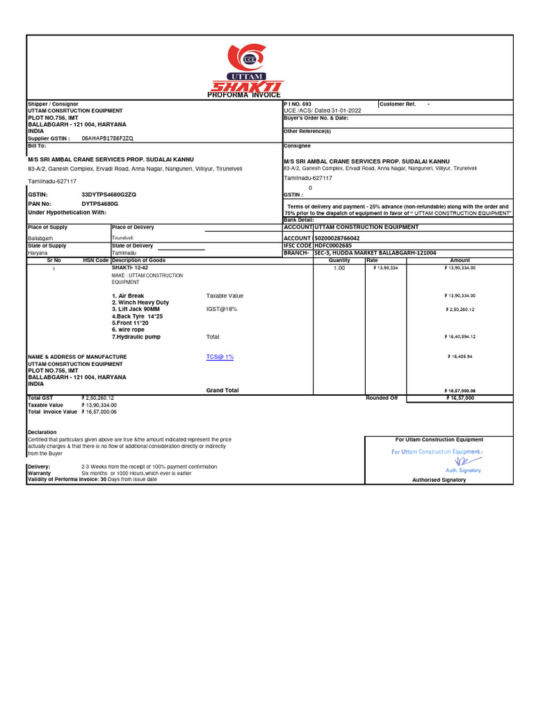 Proforma Invoice for Construction Equipment | PDF | Invoice | Business