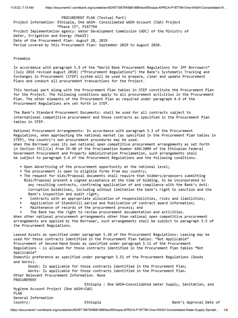 Ethiopia AFRICA P167794 One WASH Consolidated Water Supply Sanitation
