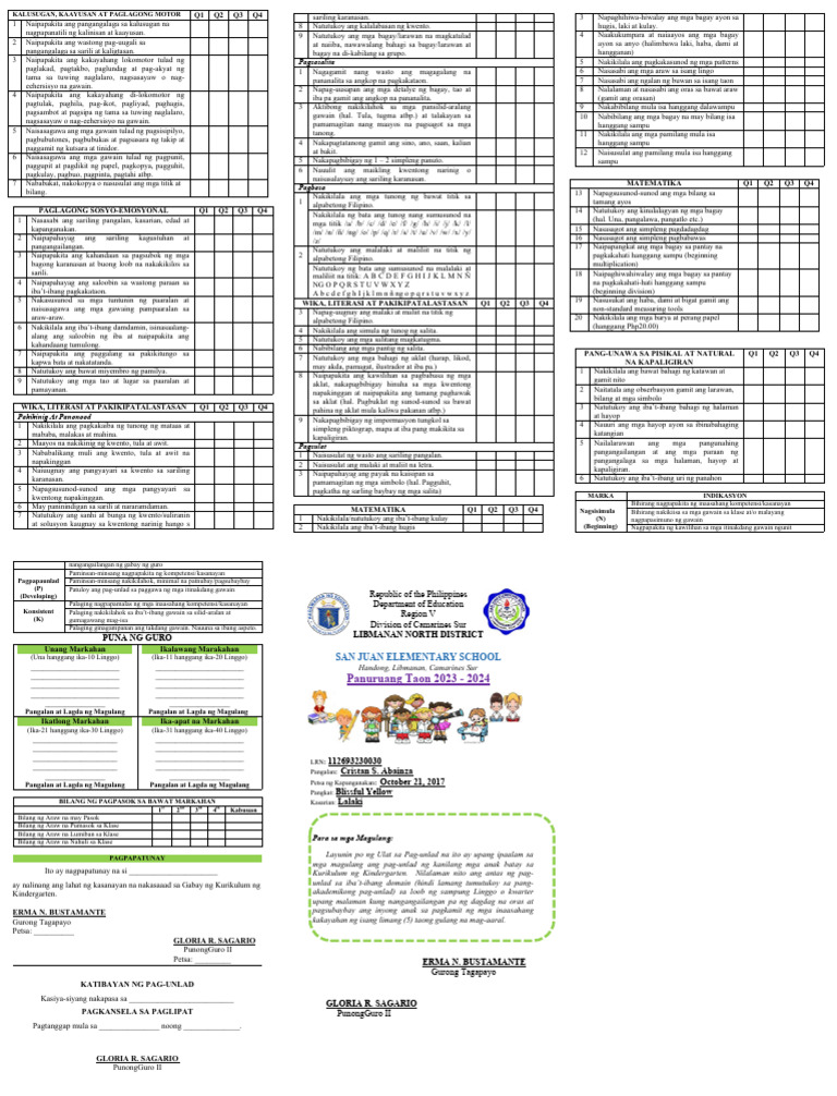KINDERGARTEN PROGRESS REPORT CARD Tagalog SAN JUAN ES 20232024 PDF