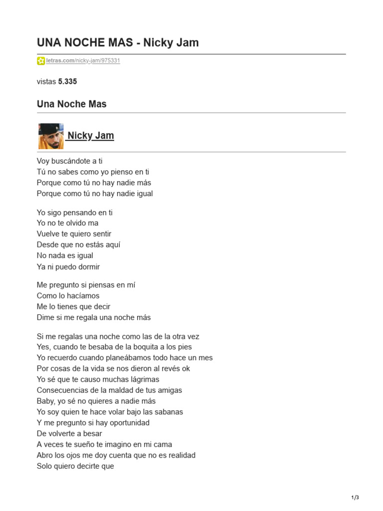 UNA NOCHE MAS - Nicky Jam | PDF | Poesía