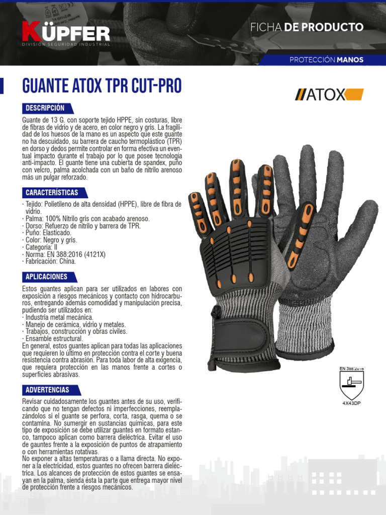 Guantes Atox TPR Cut Pro: Ficha Técnica | PDF | Guante | Alergia