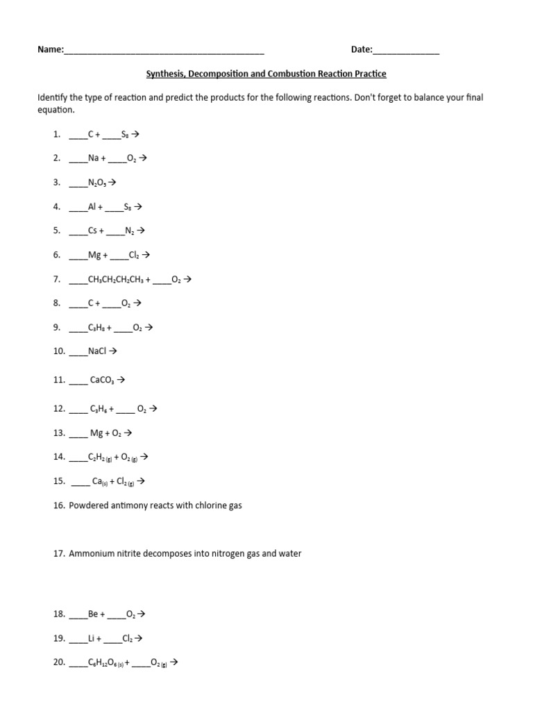 Mixed Types of Reactions Practice Worksheet PDF