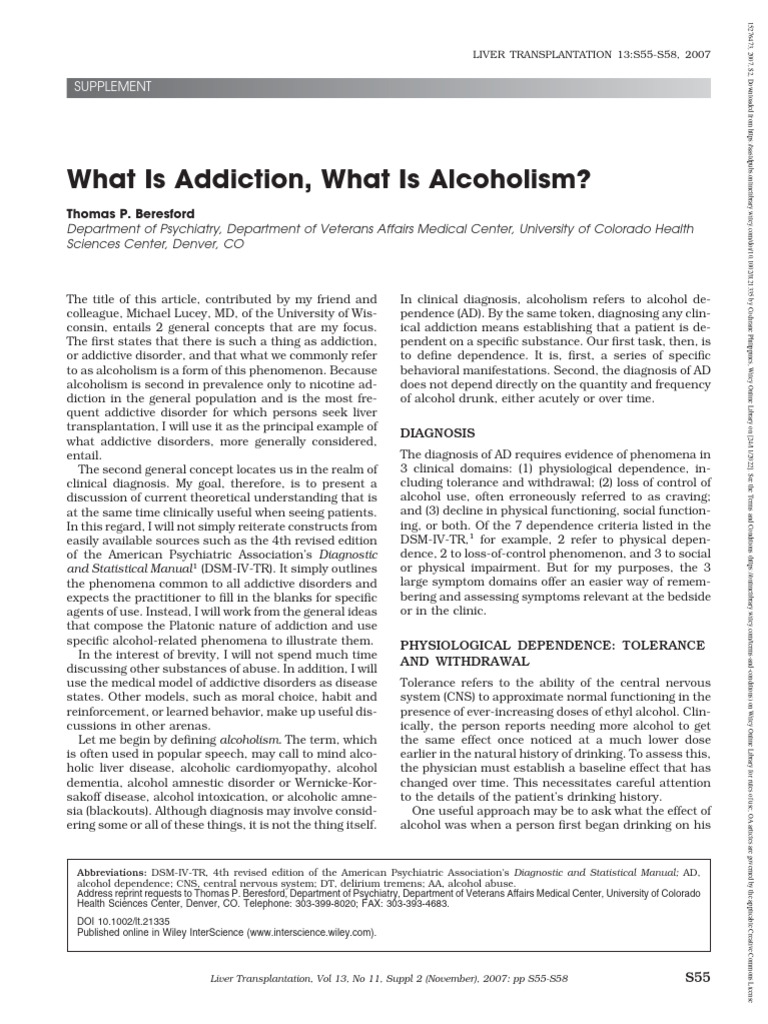 Liver Transplantation 2007 Beresford What Is Addiction What Is