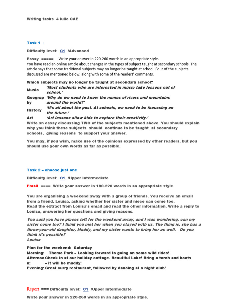 CAE Writing Tasks and Examples | PDF | Career & Growth | Language Arts ...