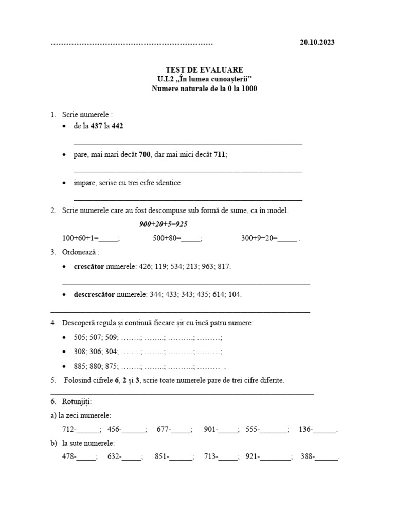Test de Evaluare Mem Clasa A Iia U.I. in Lumea Cunoasterii PDF | PDF