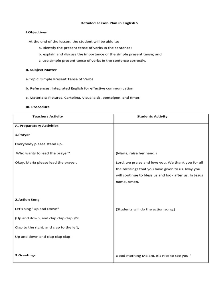 Lesson Plan - English 5 | PDF | Verb | Grammatical Tense
