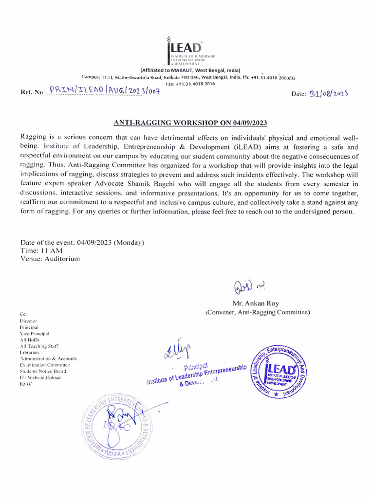 Anti-Ragging Workshop Notice | PDF