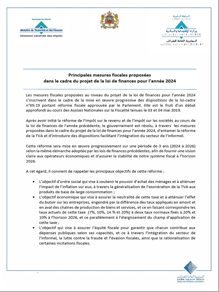 Mesures fiscales PLF 2024 Maroc | PDF | Taxe sur la valeur ajoutée | Impôts