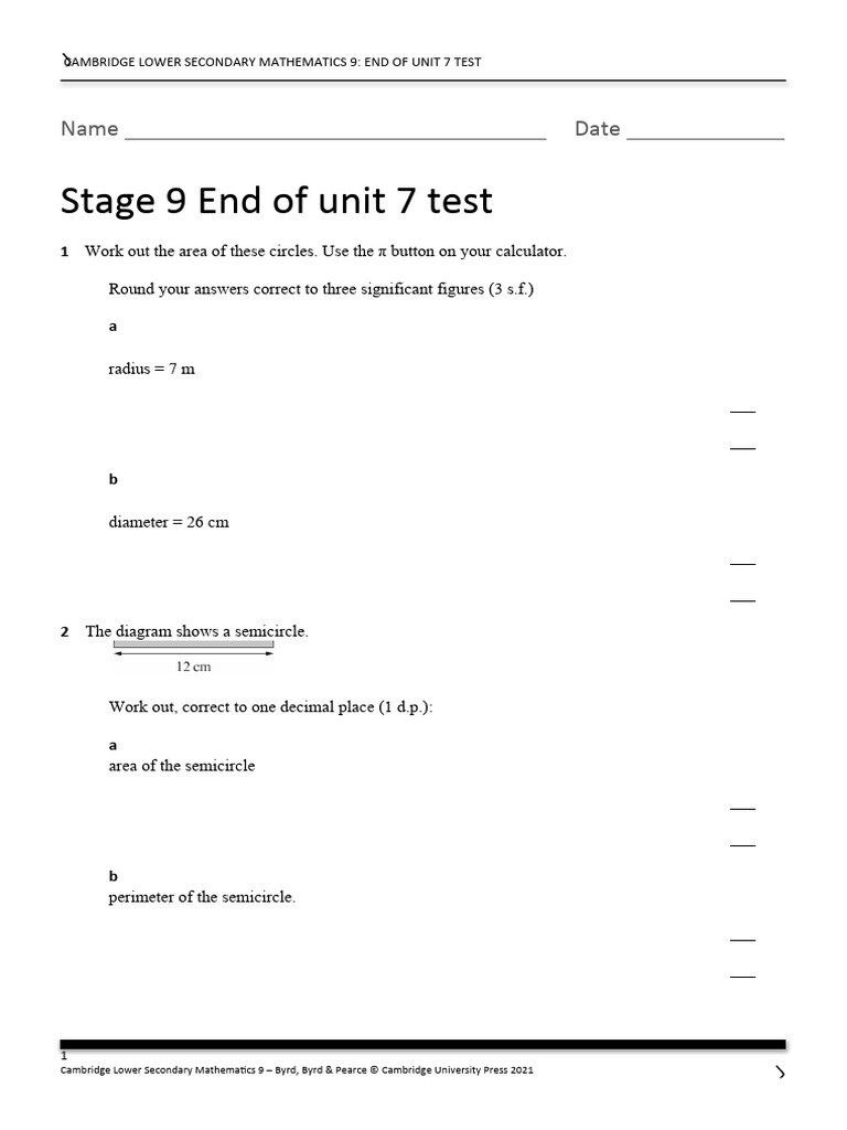 End of Unit 7 Mathematics Test | PDF | Litre | Area